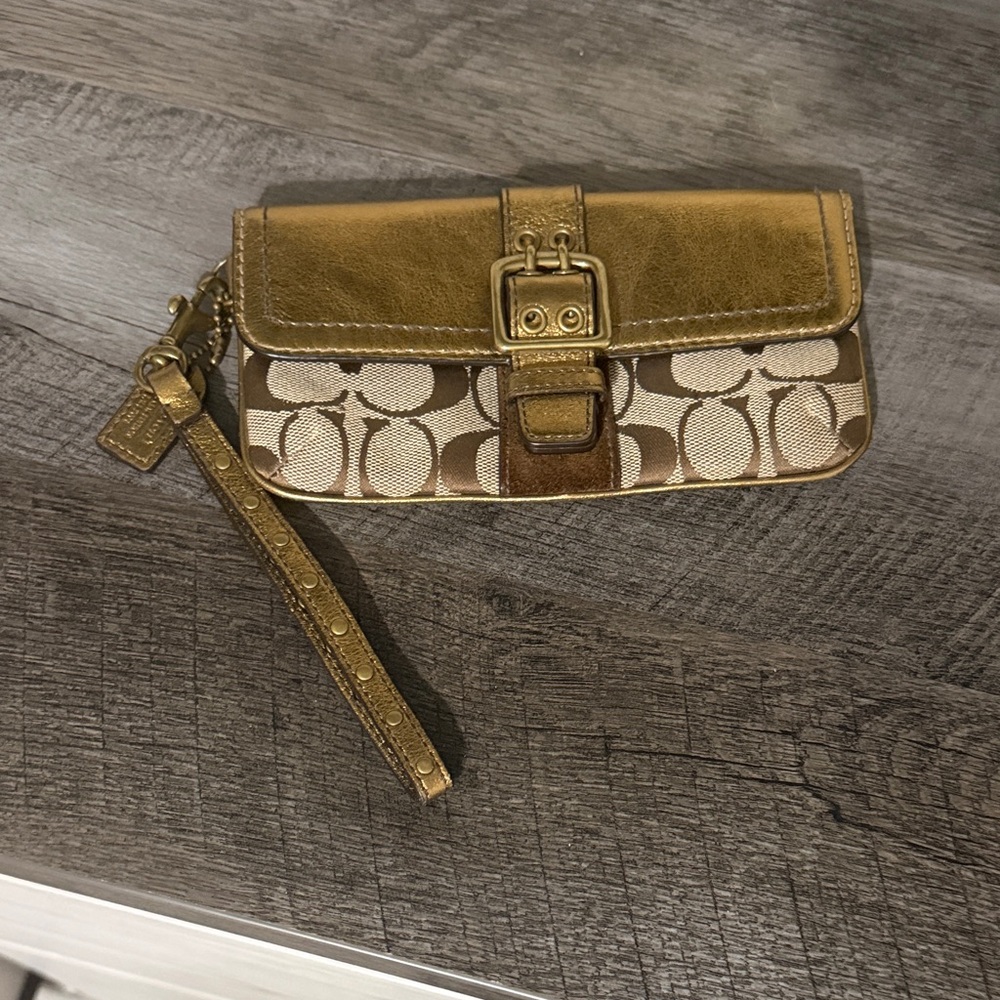 Coach Metallic Gold and Cream Signature Wristlet